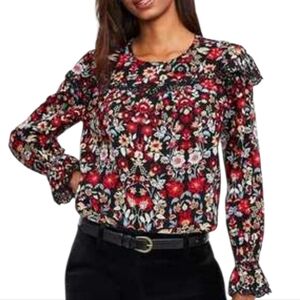 LOFT Longsleeve Cap Ruffle Accent Black, Tan, Red, Blue Floral Peasant Blouse